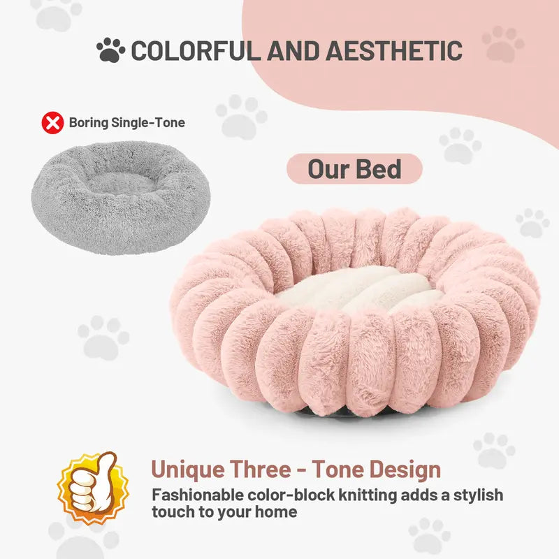 Super Soft round Pet Bed – Donut Fluffy Calming Kittens & Small Dogs, Antianxiety Pet Bed,Removable Washable Cover Cute Pet Lounge, Anti-Slip Base, Toy Puddle