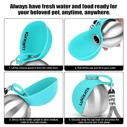 Lumikata 2-in-1 Portable Dog Water Bottle with Silicone Foldable Bowl - 10 oz Stainless Steel, Leak-Proof Design for Small Dogs, Perfect for Walks and Feeding