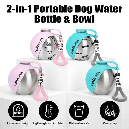 Lumikata 2-in-1 Portable Dog Water Bottle with Silicone Foldable Bowl - 10 oz Stainless Steel, Leak-Proof Design for Small Dogs, Perfect for Walks and Feeding