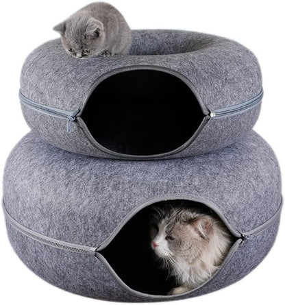 Cozy Donut Cat House & Interactive Tunnel - Perfect Indoor Play and Rest Spot for Your Feline Friend - Stylish Black Design