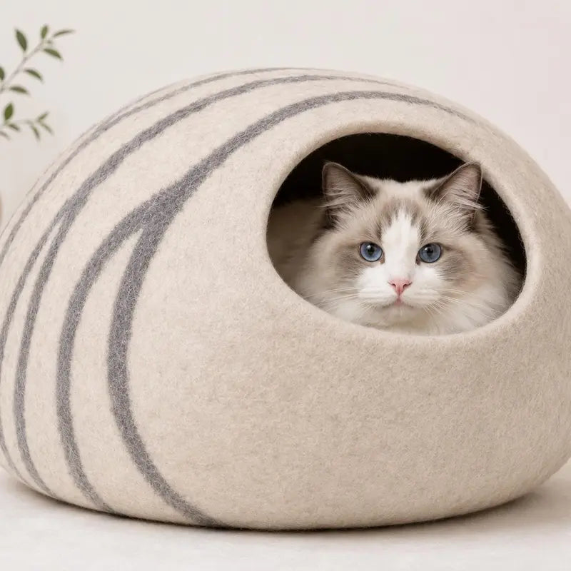 Cat Cave Bed for Indoor Cats - Handmade Merino Wool Cat Bed, Large, Light Gray, Cozy Felt Cat House, Soft Breathable Pet Bed Ruifurni