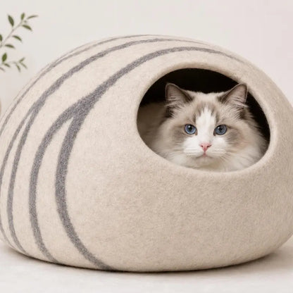 Cat Cave Bed for Indoor Cats - Handmade Merino Wool Cat Bed, Large, Light Gray, Cozy Felt Cat House, Soft Breathable Pet Bed Ruifurni