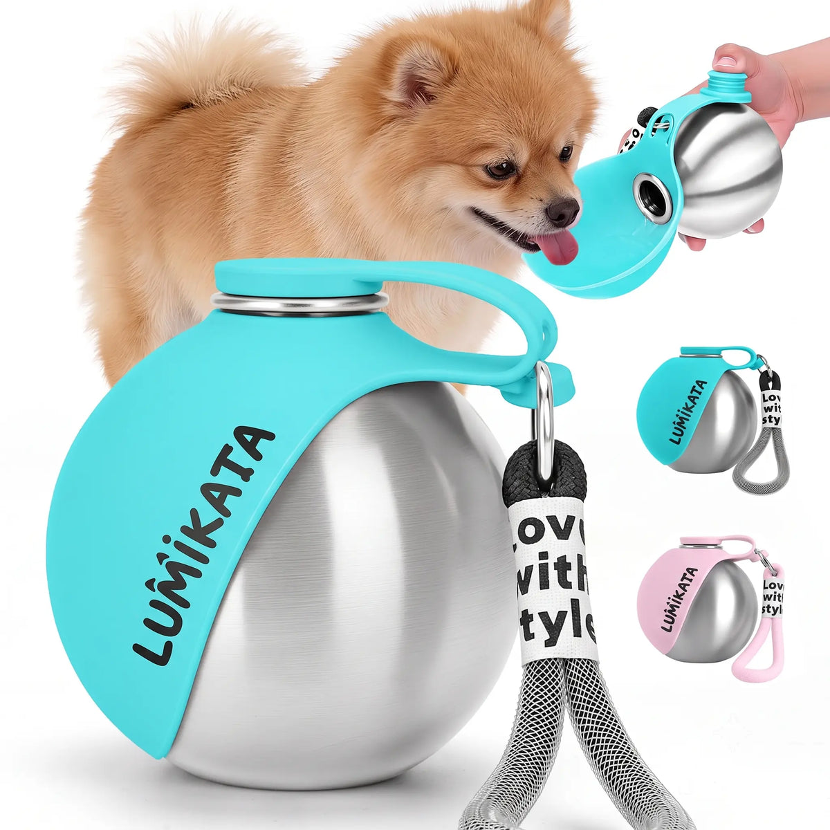 Lumikata 2-in-1 Portable Dog Water Bottle with Silicone Foldable Bowl - 10 oz Stainless Steel, Leak-Proof Design for Small Dogs, Perfect for Walks and Feeding