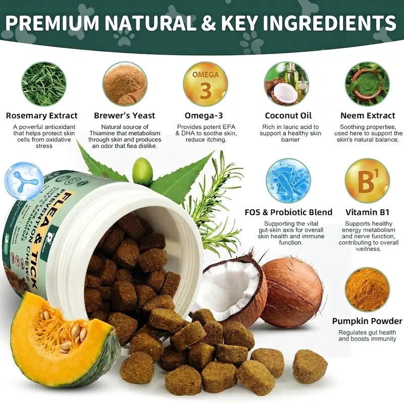 Petrivium Natural Flea & Tick Support Soft Chews for Dogs - 150 Count, Pesticide-Free Vitamin Supplement with Rosemary Repellent, Chicken Flavor, Ideal for Puppies and All Breeds/Sizes