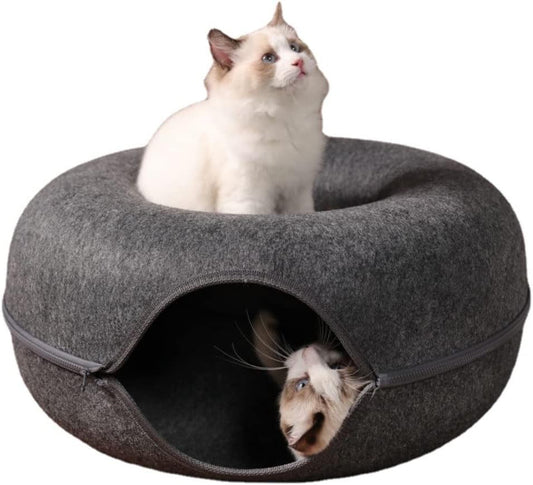Cozy Donut Cat House & Interactive Tunnel - Perfect Indoor Play and Rest Spot for Your Feline Friend - Stylish Black Design