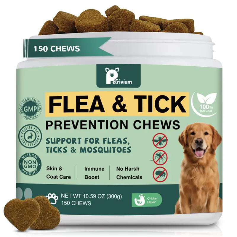 Petrivium Natural Flea & Tick Support Soft Chews for Dogs - 150 Count, Pesticide-Free Vitamin Supplement with Rosemary Repellent, Chicken Flavor, Ideal for Puppies and All Breeds/Sizes