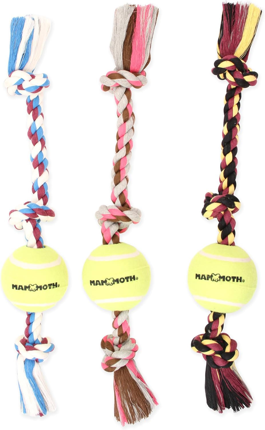 Mammoth Flossy Chews Color 3 Knot Tug W/Large Tennis Ball – Premium Cotton-Poly Tug Toy for Dogs – Interactive Dog Tug Toy – Rope Dog Toy with Tennis Ball for Large Dogs - 24”