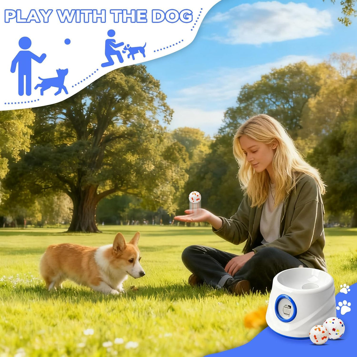 Automatic Ball Launcher for Dogs with 8 Balls - Adjustable Distance up to 50Ft,Charger, Whistle & Storage Bag - Interactive Fetch Machine Toy for Indoor Outdoor Play, for Medium Large Breed Dogs