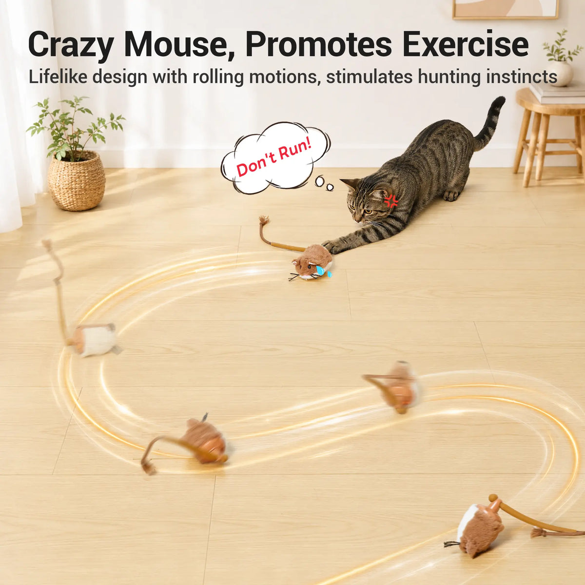 Potaroma Plush Mouse Interactive Smart Rolling Cat Toy - Rechargeable Automatic Motion-Activated Electric Toy for Indoor Cats and Kittens