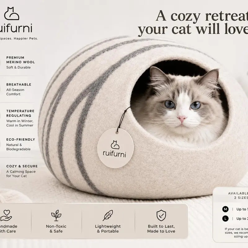 Cat Cave Bed for Indoor Cats - Handmade Merino Wool Cat Bed, Large, Light Gray, Cozy Felt Cat House, Soft Breathable Pet Bed Ruifurni