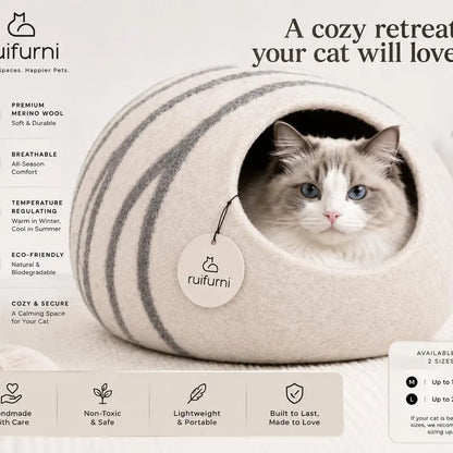 Cat Cave Bed for Indoor Cats - Handmade Merino Wool Cat Bed, Large, Light Gray, Cozy Felt Cat House, Soft Breathable Pet Bed Ruifurni