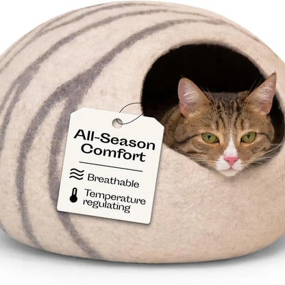 Cat Cave Bed for Indoor Cats - Handmade Merino Wool Cat Bed, Large, Light Gray, Cozy Felt Cat House, Soft Breathable Pet Bed Ruifurni