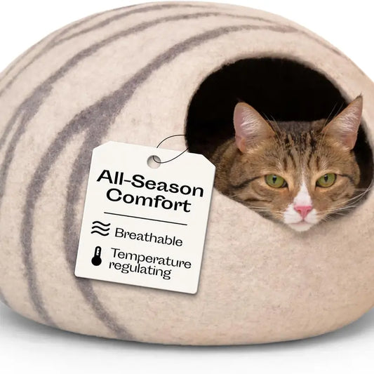 Cat Cave Bed for Indoor Cats - Handmade Merino Wool Cat Bed, Large, Light Gray, Cozy Felt Cat House, Soft Breathable Pet Bed Ruifurni