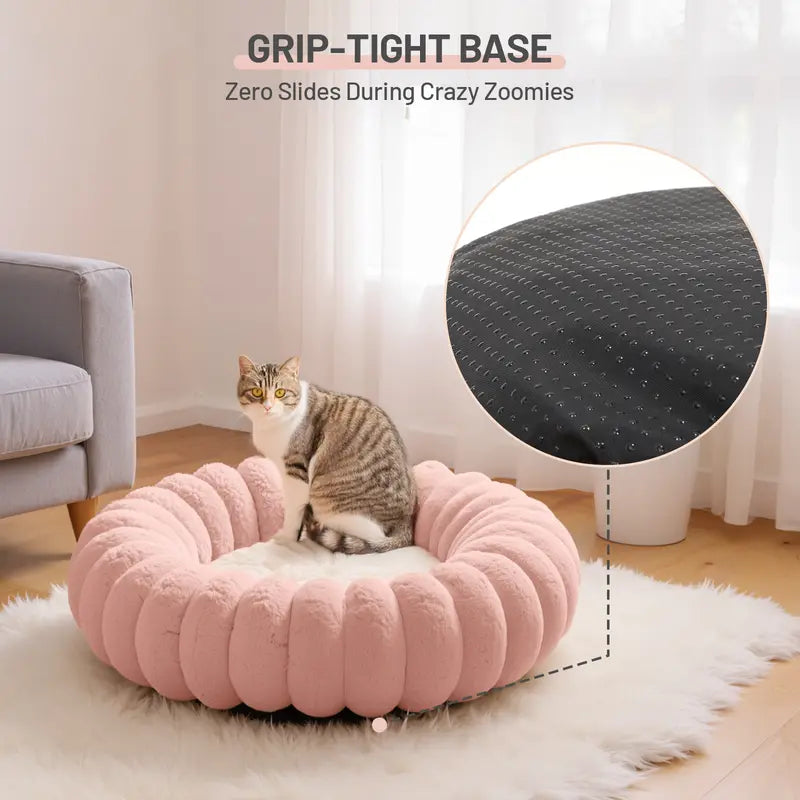 Super Soft round Pet Bed – Donut Fluffy Calming Kittens & Small Dogs, Antianxiety Pet Bed,Removable Washable Cover Cute Pet Lounge, Anti-Slip Base, Toy Puddle