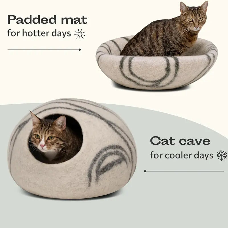 Cat Cave Bed for Indoor Cats - Handmade Merino Wool Cat Bed, Large, Light Gray, Cozy Felt Cat House, Soft Breathable Pet Bed Ruifurni