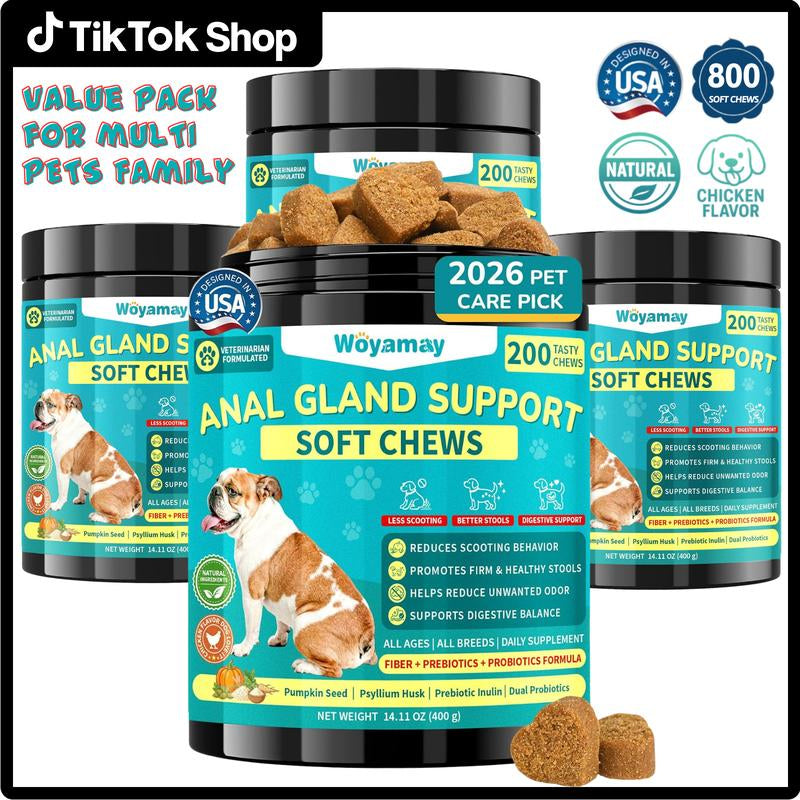 Anal Gland Chews for Dogs - 200 Count with Pumpkin Probiotics & Digestive Enzymes, Advanced Formula to Alleviate Scooting and Odor, Chicken Flavor