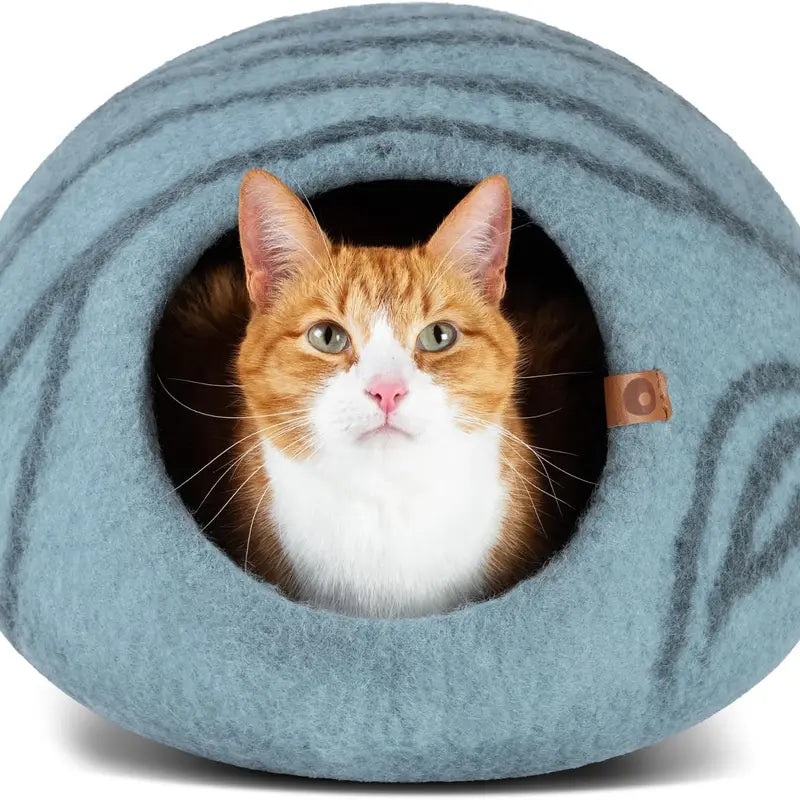 Cat Cave Bed for Indoor Cats - Handmade Merino Wool Cat Bed, Large, Light Gray, Cozy Felt Cat House, Soft Breathable Pet Bed Ruifurni