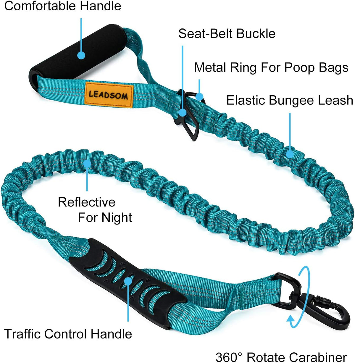 6FT Heavy-Duty Elastic Bungee Dog Leash with Shock Absorption and Padded Comfort Handle, Featuring Traffic Control for Medium to Large Dogs - Perfect for Training