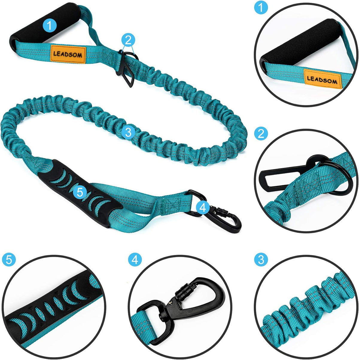 6FT Heavy-Duty Elastic Bungee Dog Leash with Shock Absorption and Padded Comfort Handle, Featuring Traffic Control for Medium to Large Dogs - Perfect for Training
