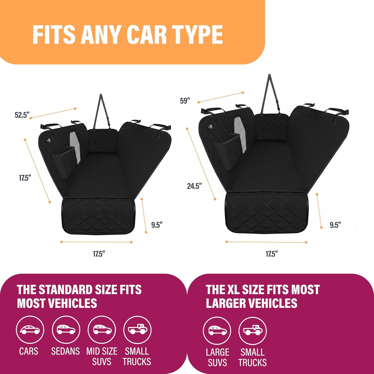 Premium Waterproof Dog Car Seat Cover - Hammock Style with Safety Features for SUVs and Trucks, Black