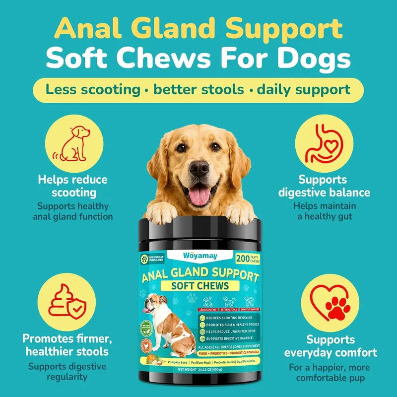 Anal Gland Chews for Dogs - 200 Count with Pumpkin Probiotics & Digestive Enzymes, Advanced Formula to Alleviate Scooting and Odor, Chicken Flavor