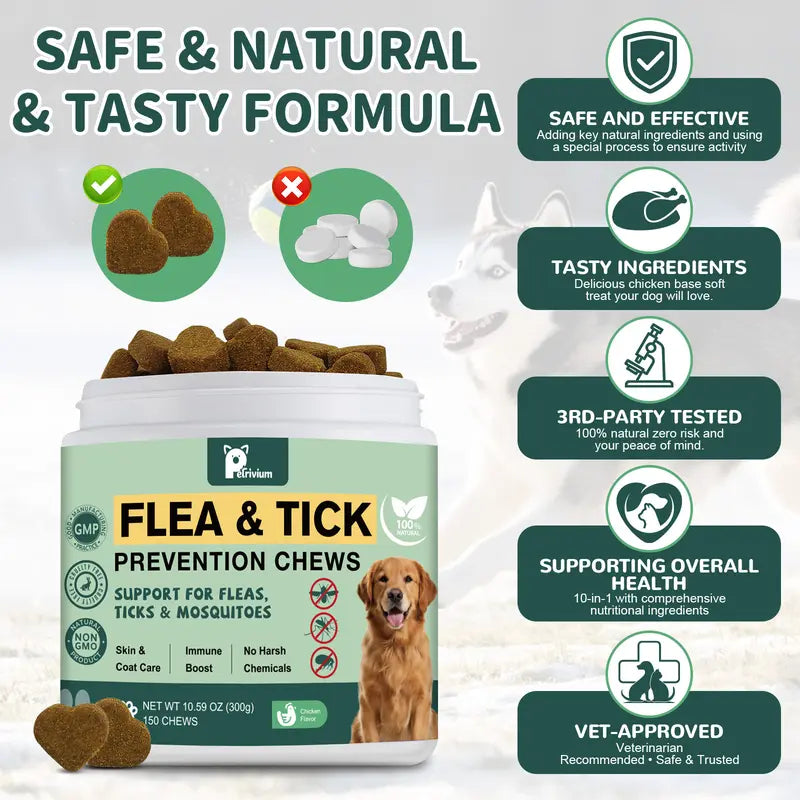 Petrivium Natural Flea & Tick Support Soft Chews for Dogs - 150 Count, Pesticide-Free Vitamin Supplement with Rosemary Repellent, Chicken Flavor, Ideal for Puppies and All Breeds/Sizes
