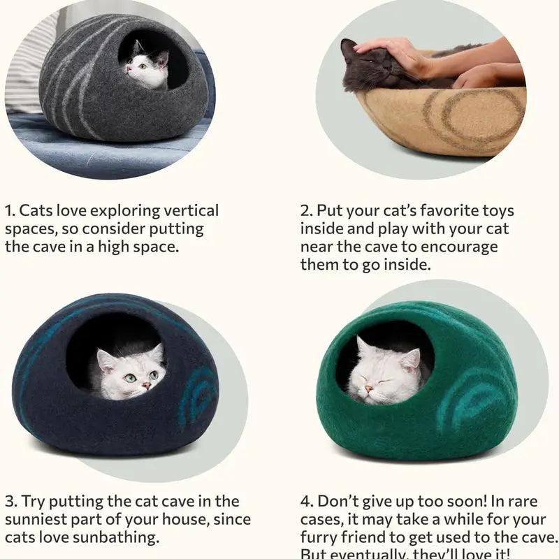 Cat Cave Bed for Indoor Cats - Handmade Merino Wool Cat Bed, Large, Light Gray, Cozy Felt Cat House, Soft Breathable Pet Bed Ruifurni