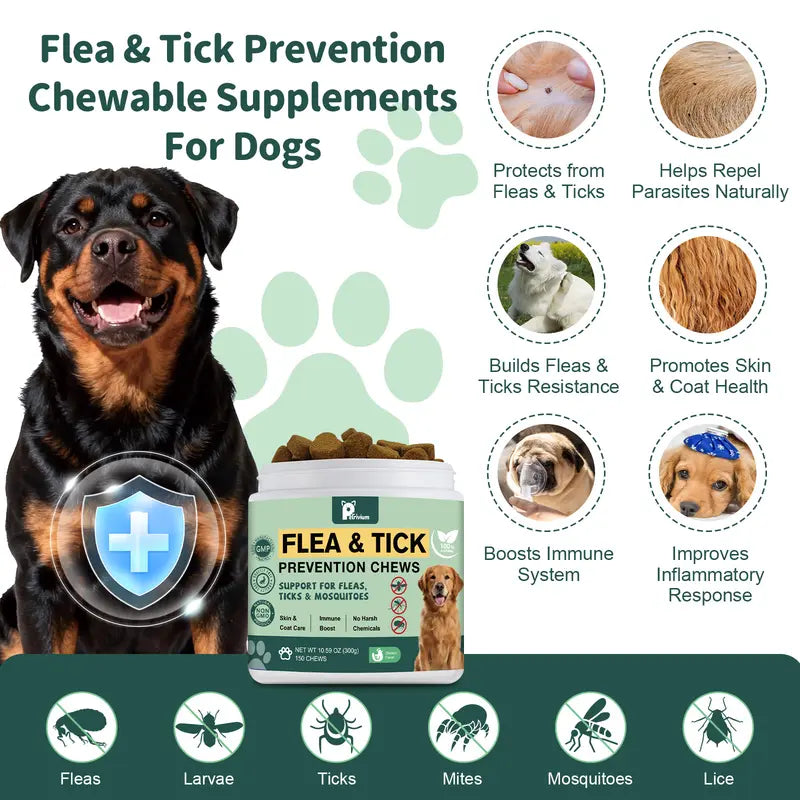 Petrivium Natural Flea & Tick Support Soft Chews for Dogs - 150 Count, Pesticide-Free Vitamin Supplement with Rosemary Repellent, Chicken Flavor, Ideal for Puppies and All Breeds/Sizes