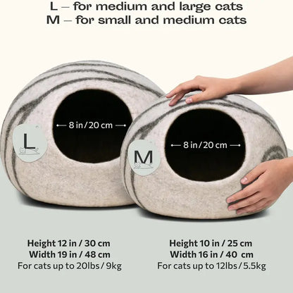 Cat Cave Bed for Indoor Cats - Handmade Merino Wool Cat Bed, Large, Light Gray, Cozy Felt Cat House, Soft Breathable Pet Bed Ruifurni